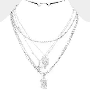 Silver Four MultiLayered Jesus Pendant Chain Set Religious Angel Cross Charms